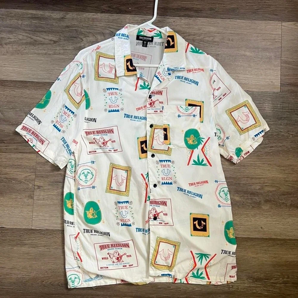 True Religion Mens Medium Resort Camp Collar Shirt Vacation Hawaiian Style All